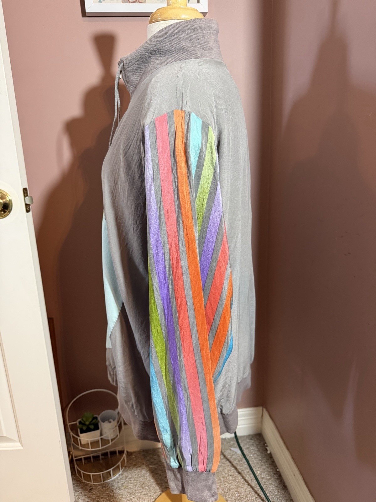 Vintage 100% Silk Full Zip Jacket Womens XL Gray Multicolor Stripe Colorblock