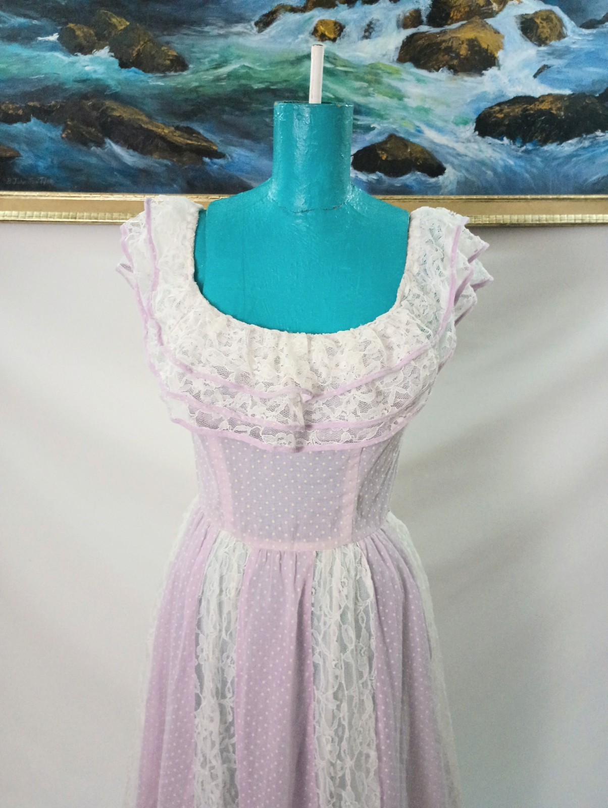 Soft Purple Lilac Cottagecore Polka Dot And Lace Vintage 1970s Dress Small XS