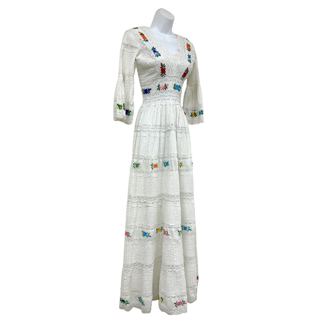 Vintage 1960s White Mexican Pintuck Floral Wedding Dress w Sheer Lace Detail