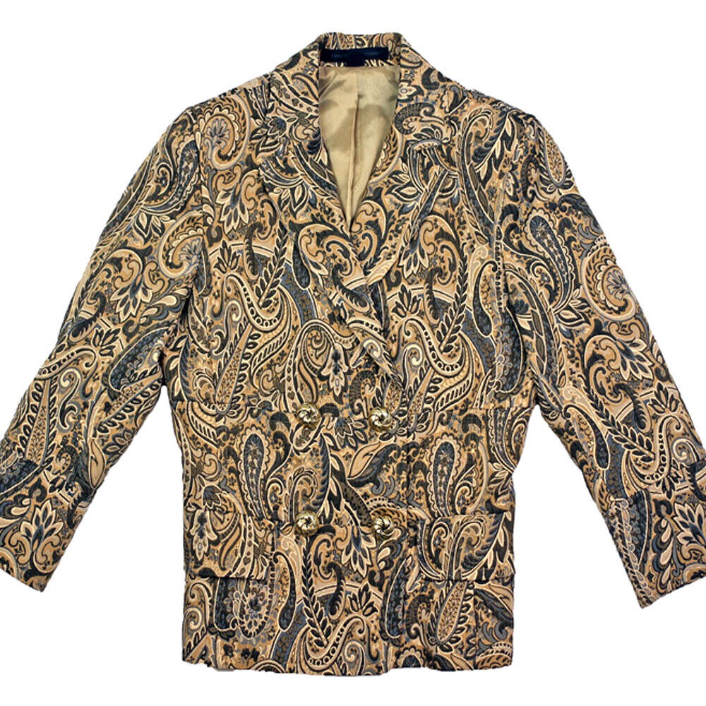 Vintage Express Design Studio Satin Brocade Jacket Blazer Gold Gray Paisley XS 0