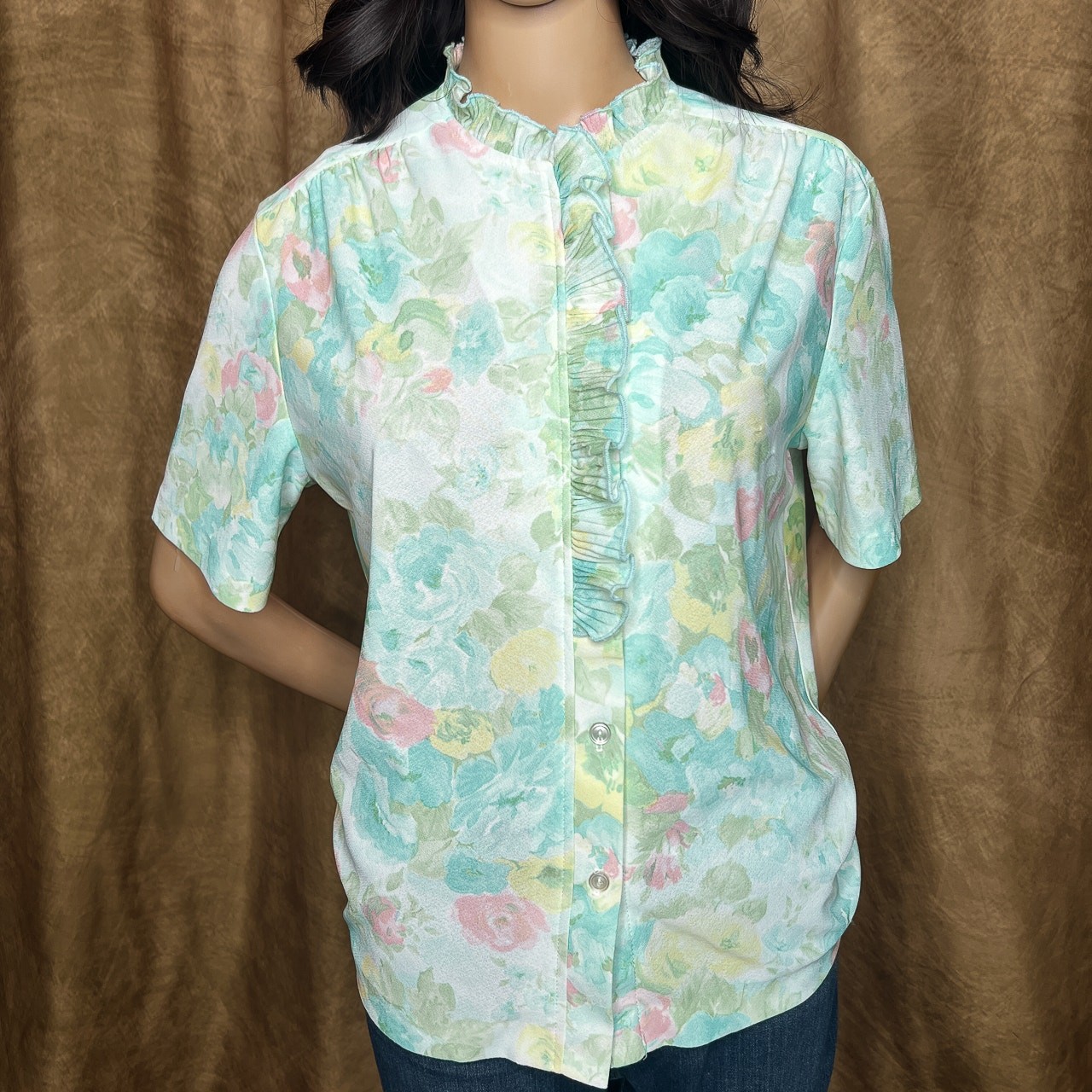 Vintage 70s Graff California Wear Floral Polyester Blouse Multicolor Pastel Boho