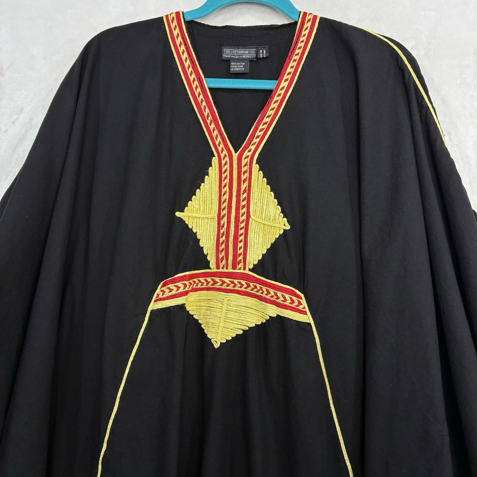 Vintage J Peterman Morocco Hand-Embroidered Caftan Maxi Black Yellow Cotton OSFA