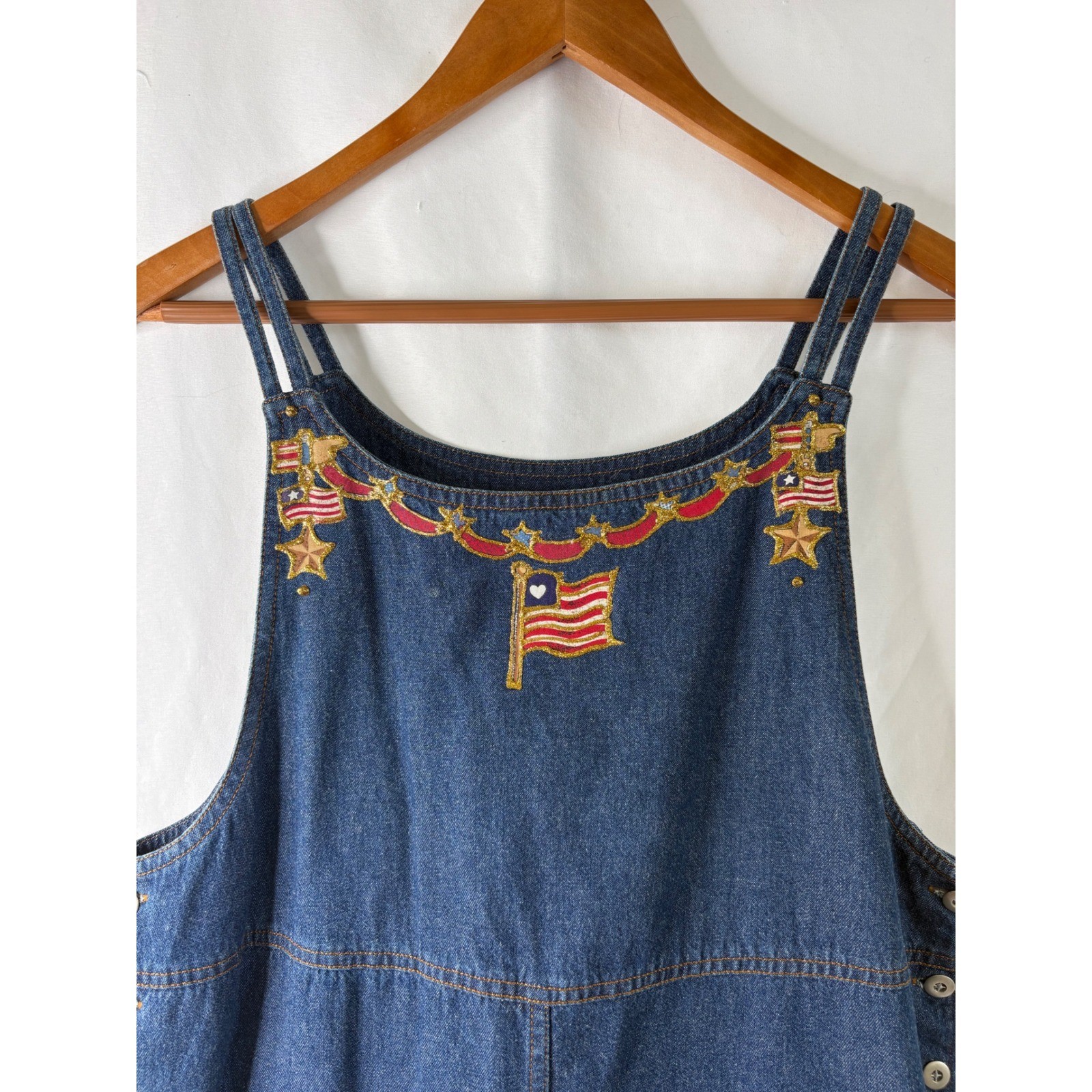 Vtg Basic Editions M Denim Jean Maxi Dress Blue Embroidered Flag Angel Patriotic