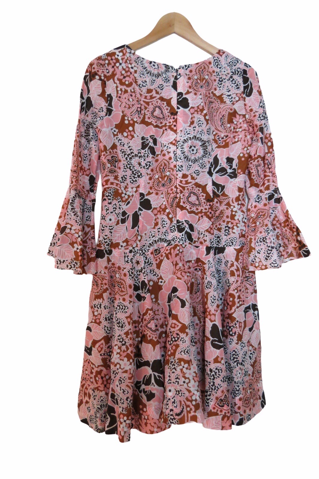 Vintage 70s Pink Brown White Polyester Dress 4 6 0570