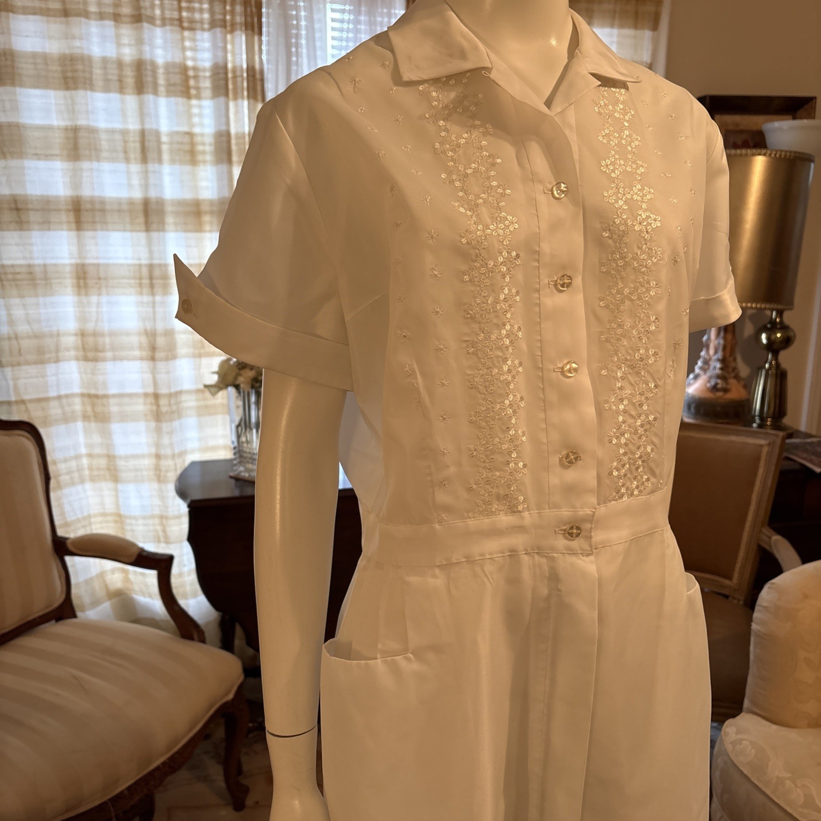 Vintage Nurse Waitress Uniform By Tiffs NY Embroidered Pockets Collar Sz L