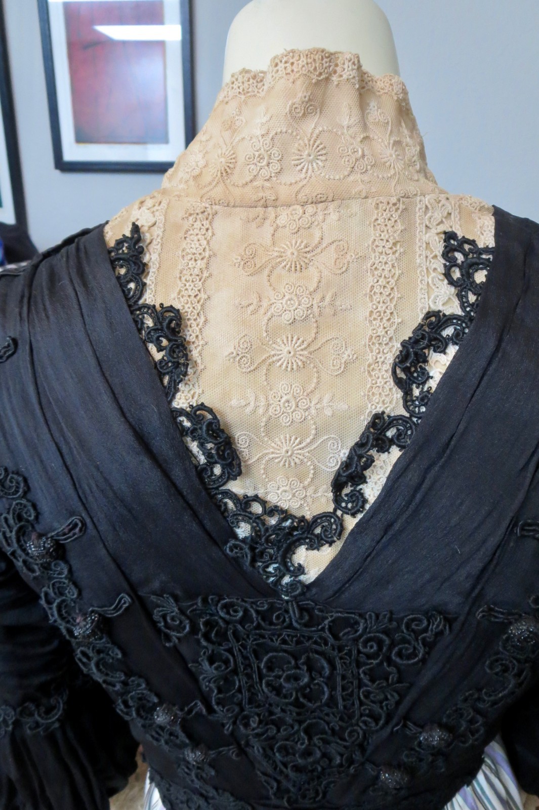1880s Black Silk Bodice Beading Details & Lace High Neck Interior Corset 32 Bust