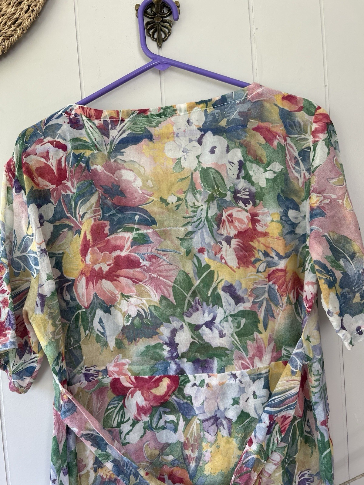 Vintage 90s Watercolor Floral Maxi Dress Sheer Chiffon Kimono Sleeve Boho M L