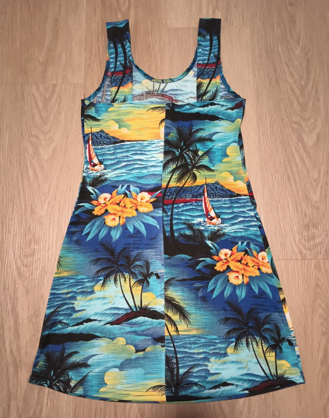 Vtg Tropical Hawaiian Print Stretchy Tank Mini Sun Dress resort swim cover up XS
