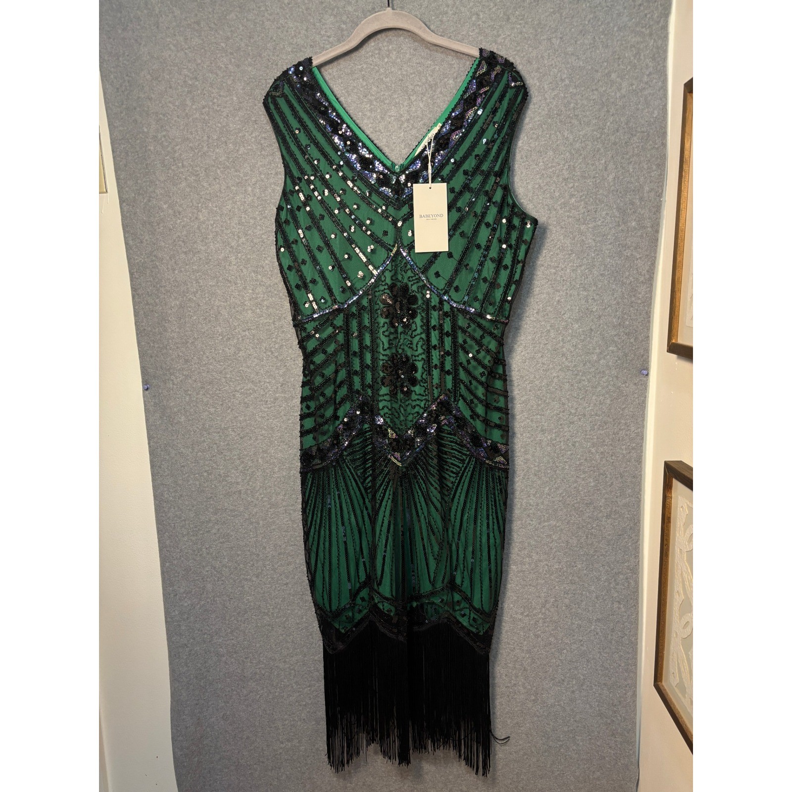 BABEYOND Green Black Sequin Fringe Flapper Dress Gatsby Art Deco 1920s NWT 2XL