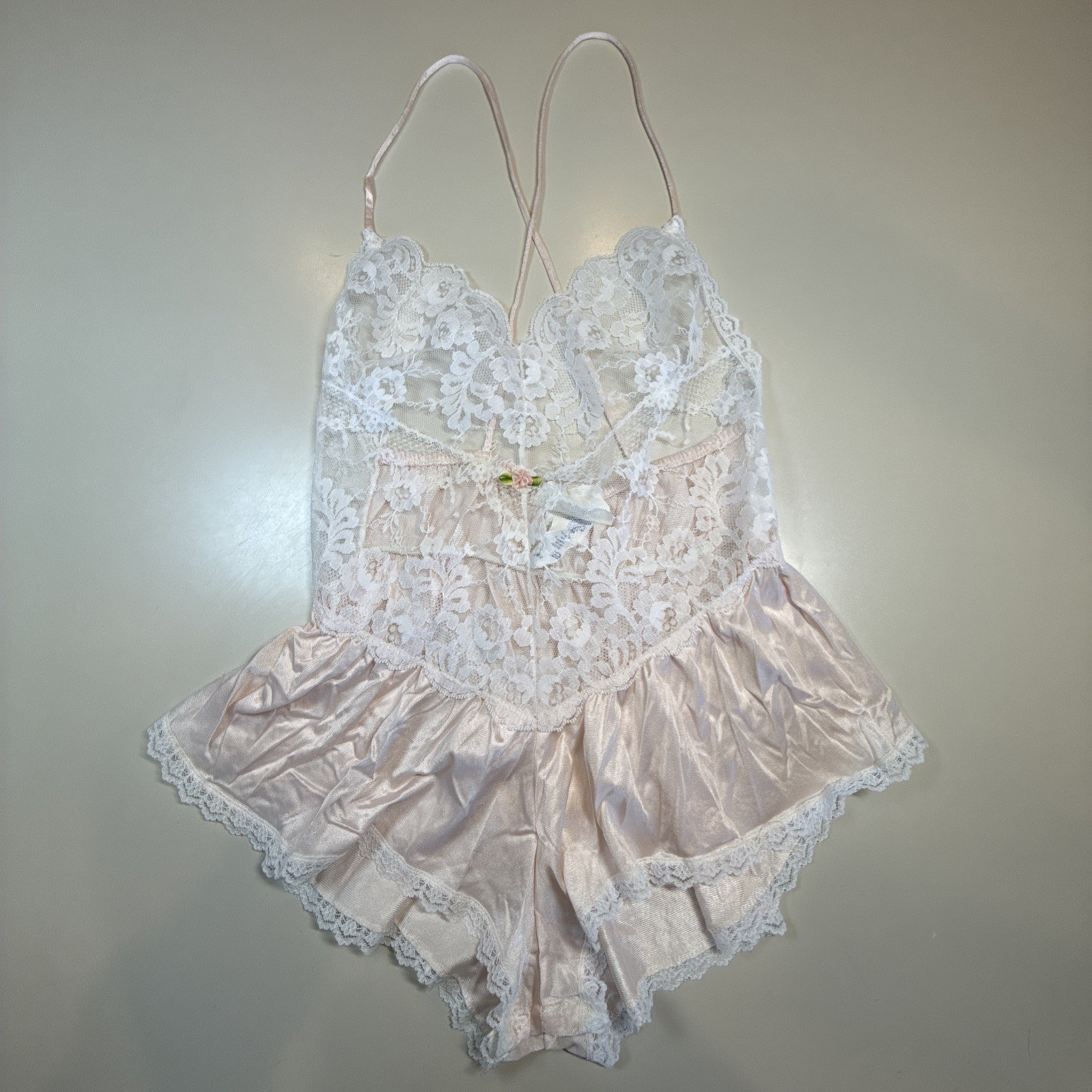 Vintage Undercover Wear Pink Lace Peplum Teddy Made in USA Size XSmall Petite