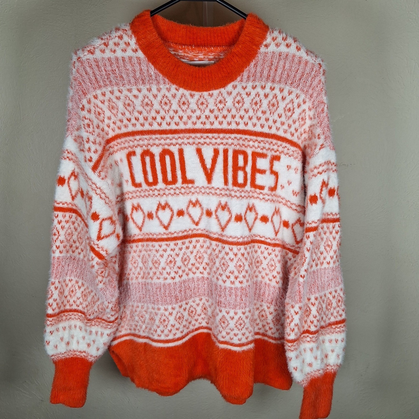 Aerie Oversized Cool Vibes Slouchy Shag Heart Holiday Folk Alpine Sweater XS