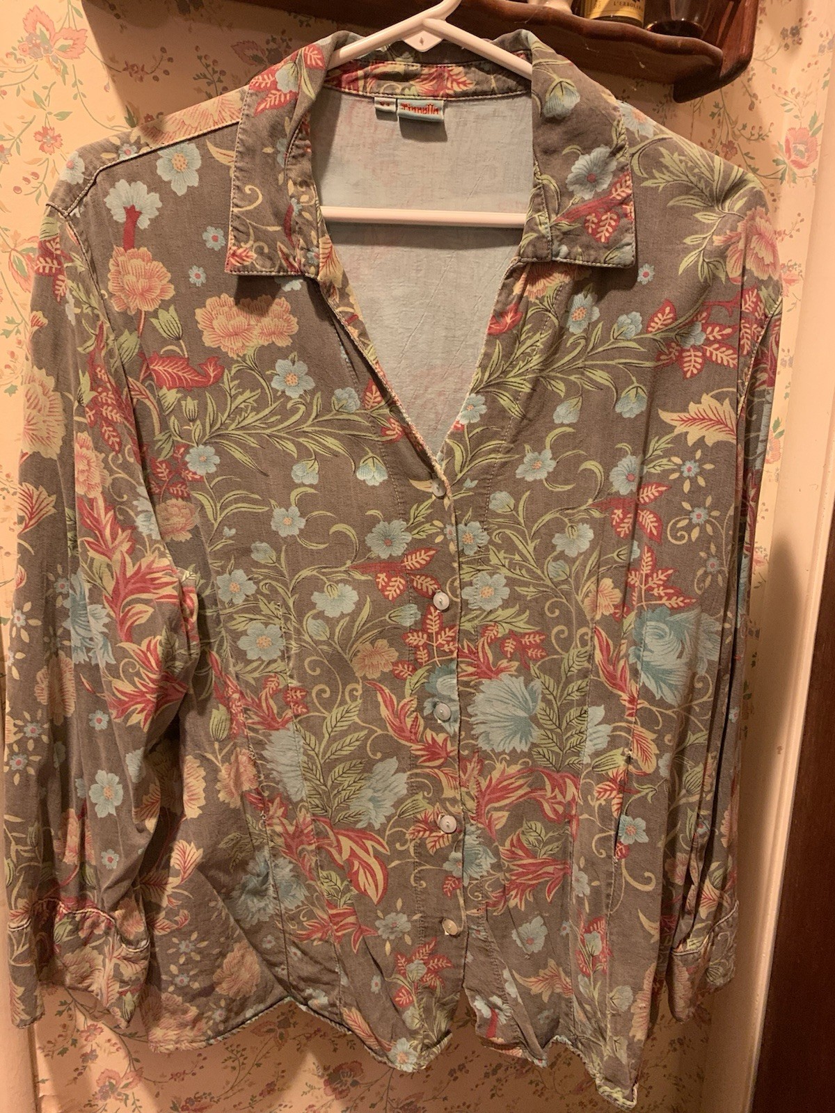 Tianello Women&rsquo;s Floral Fan Print Long Sleeve Blouse Vintage, Button Down, 1X