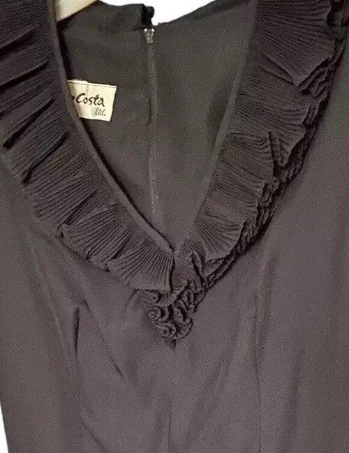 Vtg Victor Costa Black Gothic Victorian Silk Taffeta Midi Dress Sz 6 L/S Ruffle