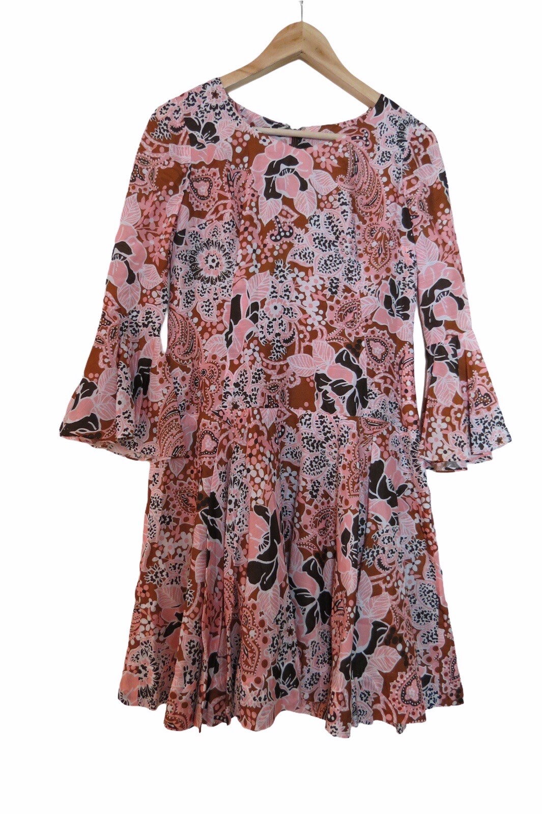 Vintage 70s Pink Brown White Polyester Dress 4 6 0570