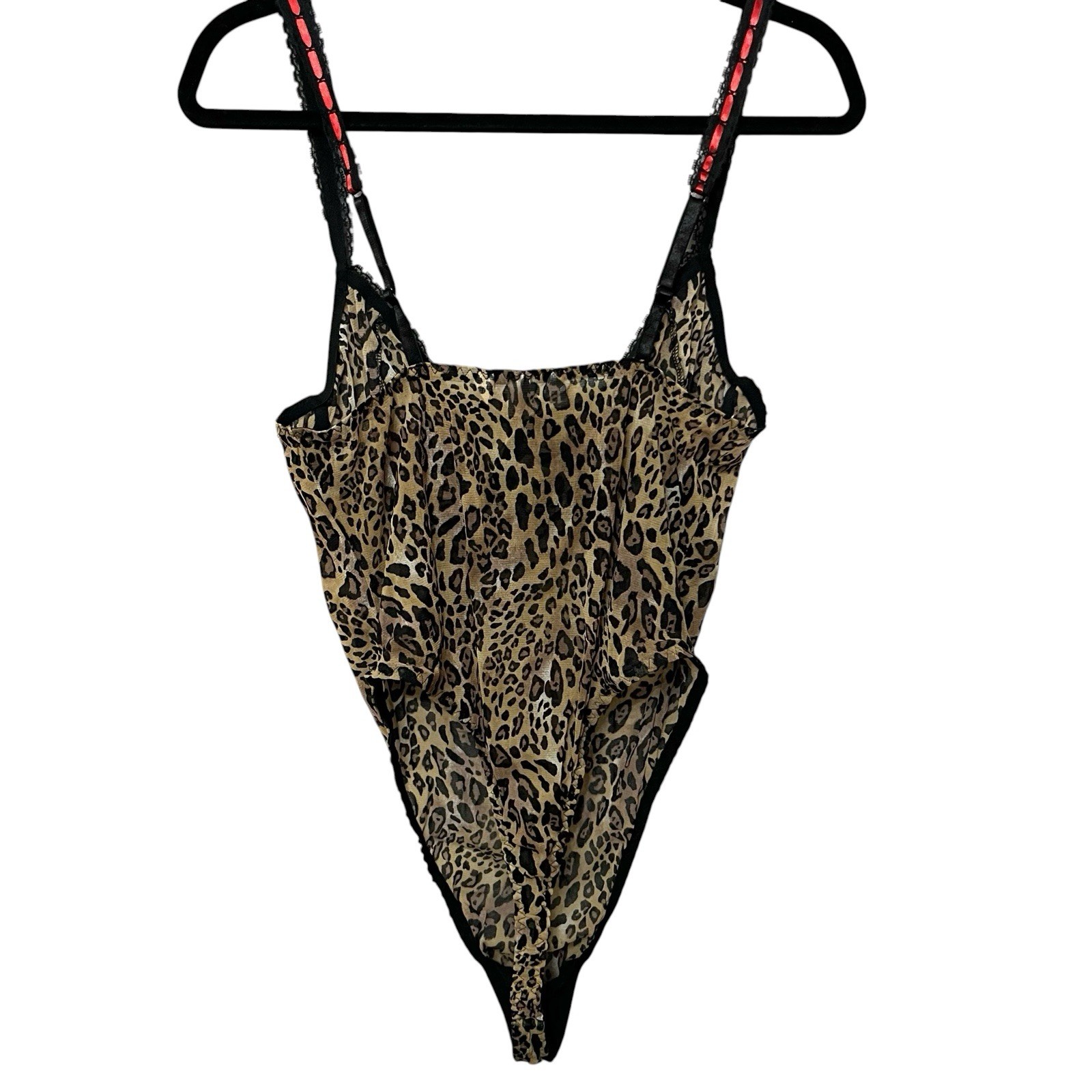 90s VTG Cacique Mesh Leopard Teddy Lingerie 18/20 Sheer Wireless Bow Thong Back