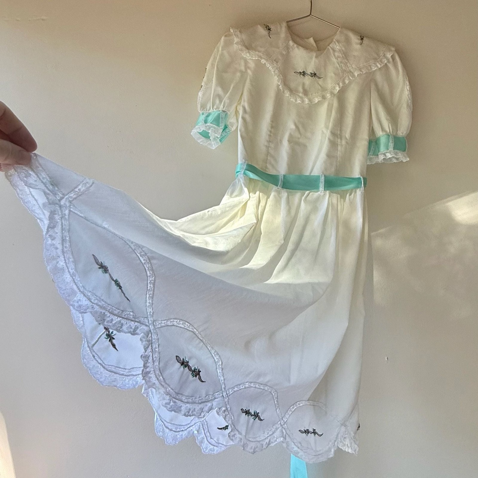 Vintage White Cotton Tea Dress with Aqua Ribbon Sash & Floral Embroidery
