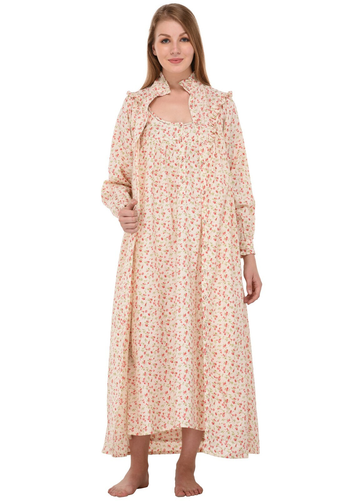Wrinkle-Resistant Printed Nightdress/Housecoat Set | Cotton Lane