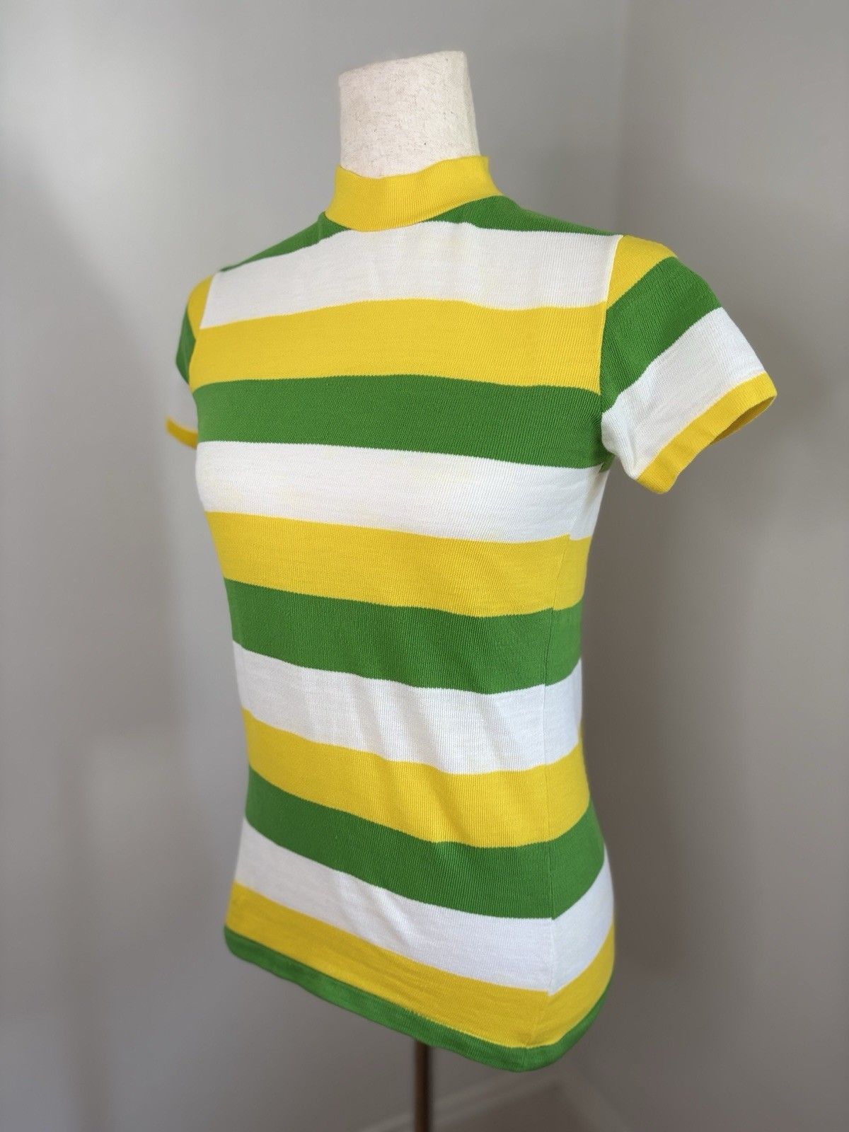 VTG 1960s Pandora Striped Mod Mock Neck Top — Size S — Green Yellow White