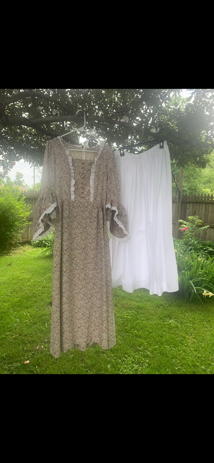 VTG Womens Prairie Colonial Patriotic Handmade long beige calico Dress &Slip M