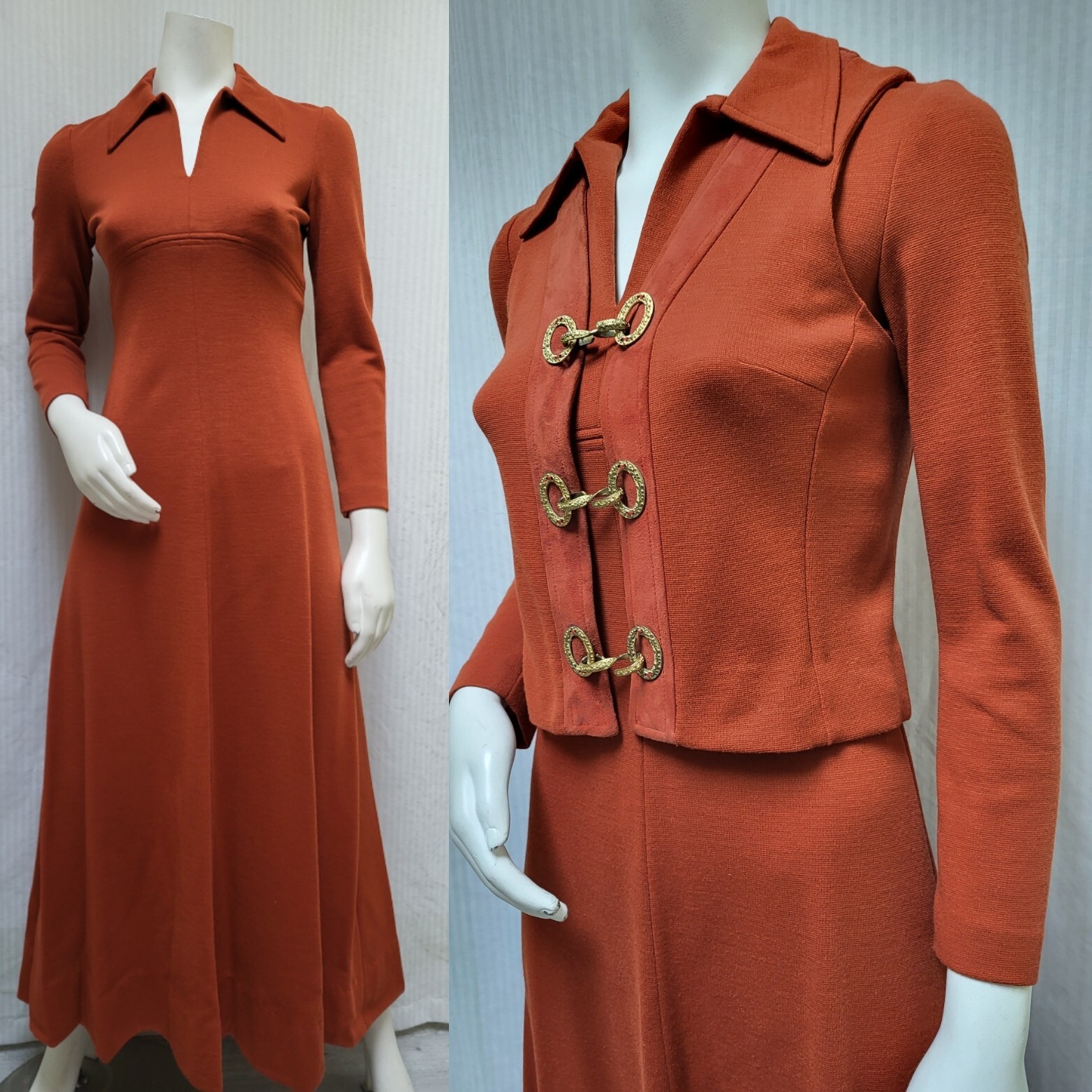 Vintage 1960/70s ALAMOR Rust Orange Double Knit Dress + Vest – Size S