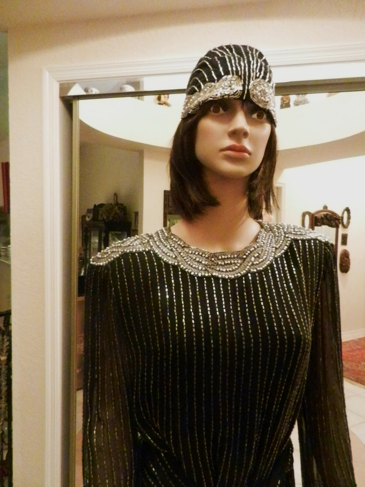 1970’s Original Oleg Cassini Gown/Dress 100% Silk Beaded Sash & Hat- SIZE 10