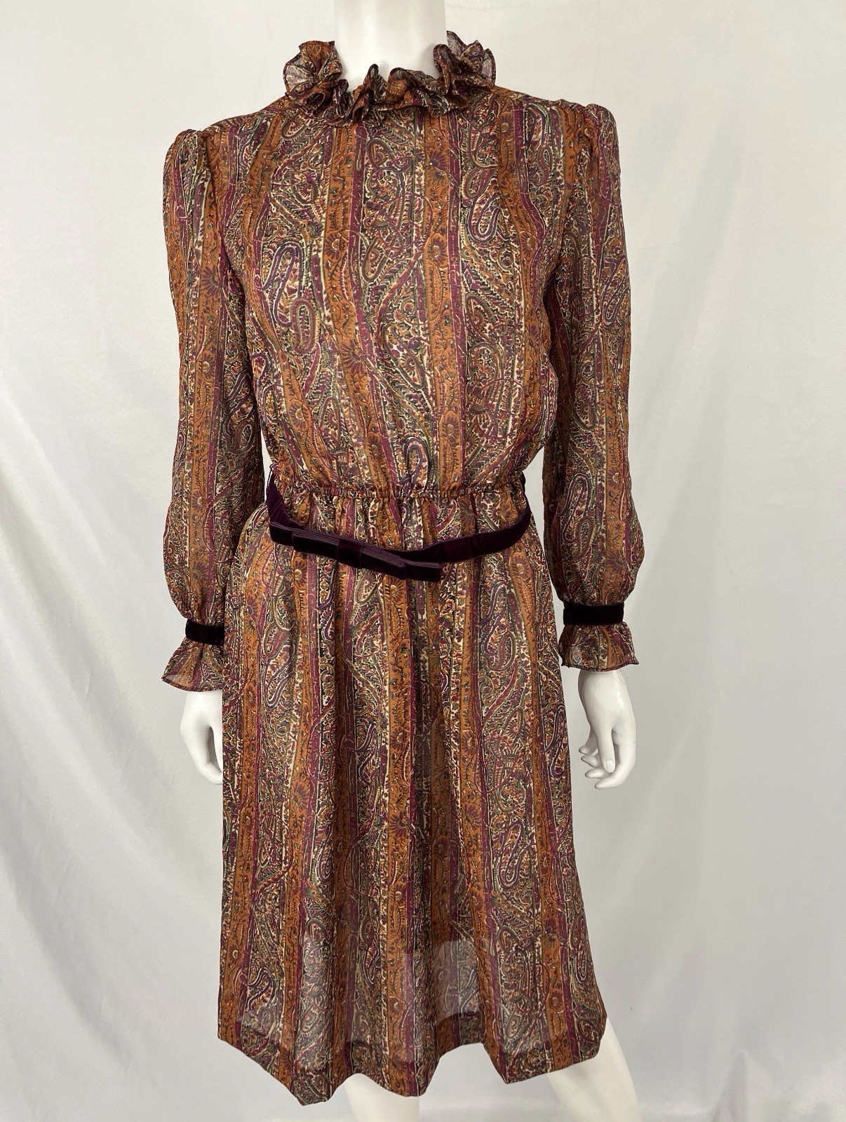 Vintage 70s/80s Leslie Fay Paisley Print Long Sleeve Sheer Dress Sz Small