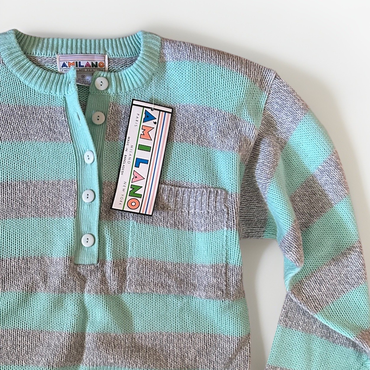 Vintage Knit Henley Sweater 90s Striped Aqua Blue Gray Size Small NWT Preppy