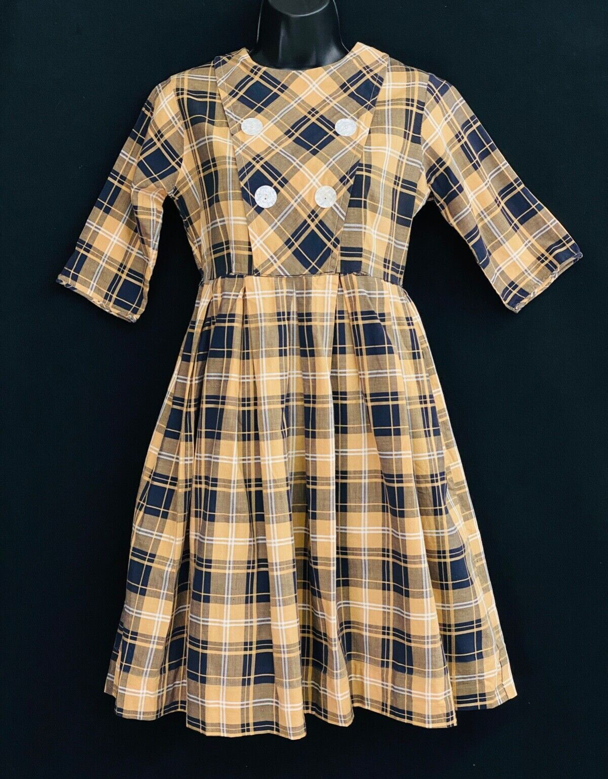 Vintage 1950s tan black plaid dress, cotton sleeve shirt white 1960s girls XS S