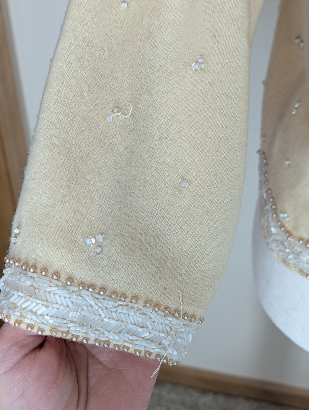 Vintage 1950s Hand Beaded Cardigan Cream With White Floral Beading Size Small