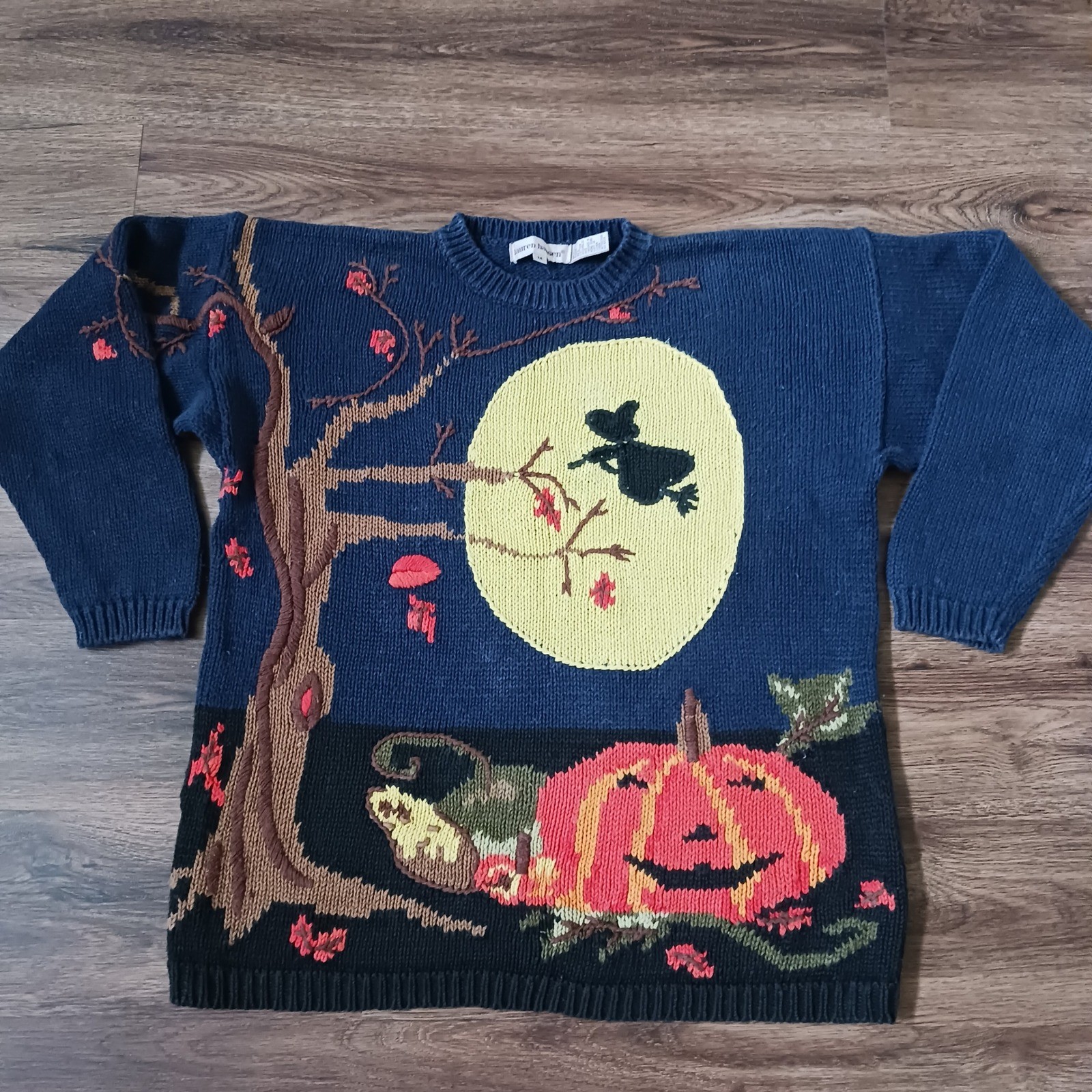 Lauren Hansen Vintage Halloween Sweater Witch Moon Pumpkin Ramie Cotton Navy M