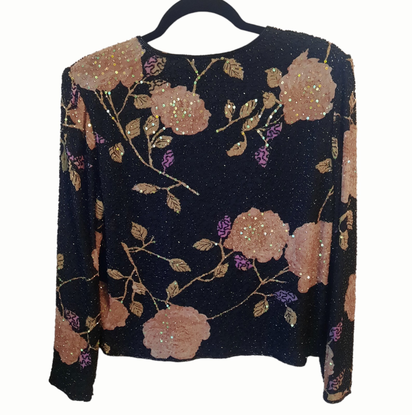 Vtg ANDRETTA DONATELLO Beaded Floral Print Silk Chiffon Jacket Sz M…