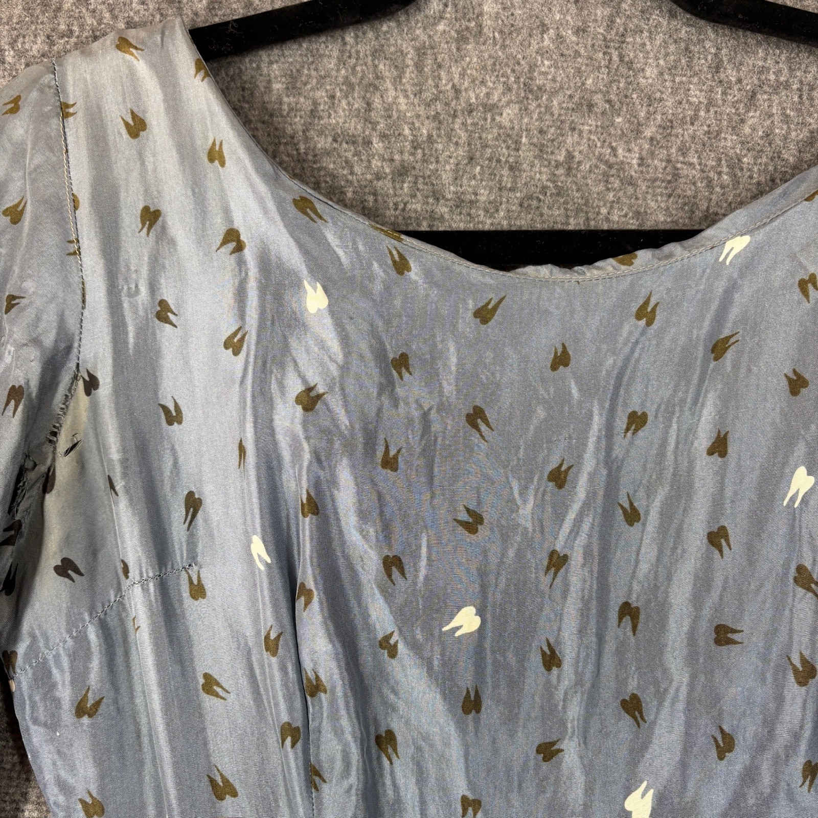 Vintage 50s Fit Flare Novelty Print Dress Blue Grey Silk Study Restoration Piece