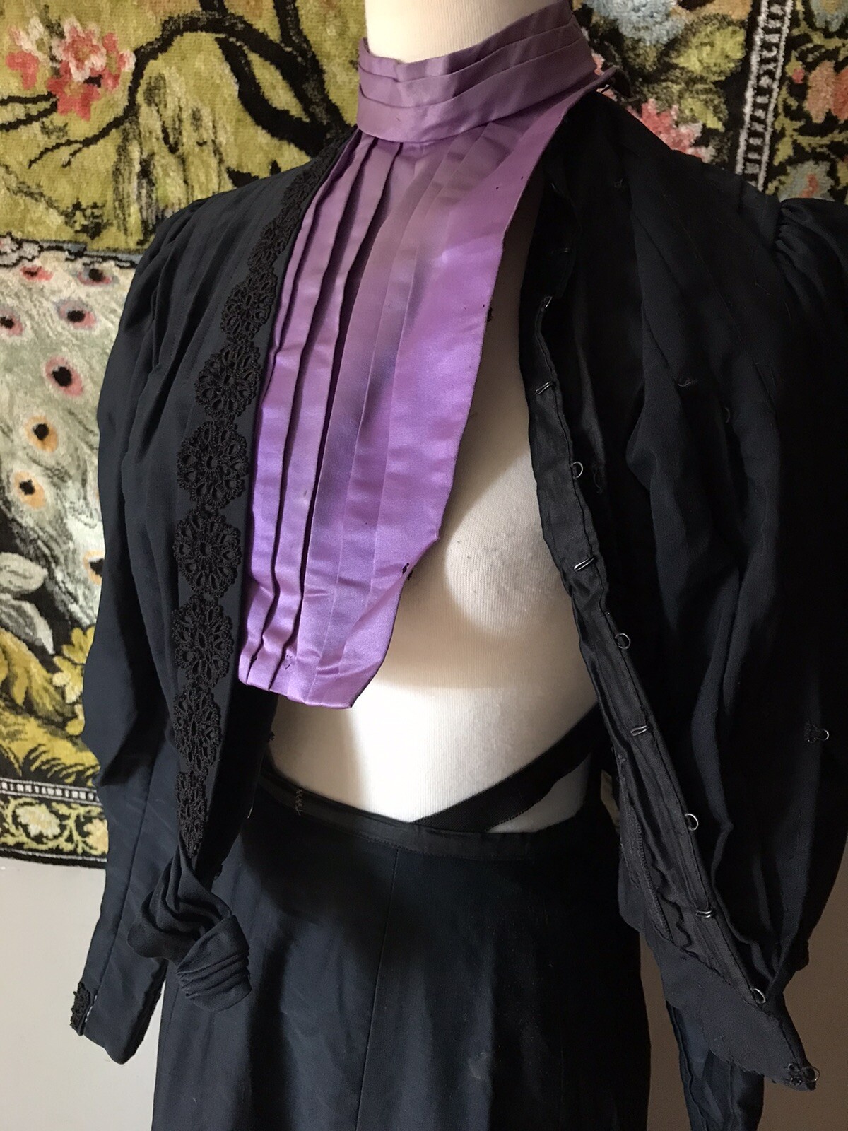 Antique 1890’s Gilded Age Black Wool and Silk Walking Dress Bodice and Skirt