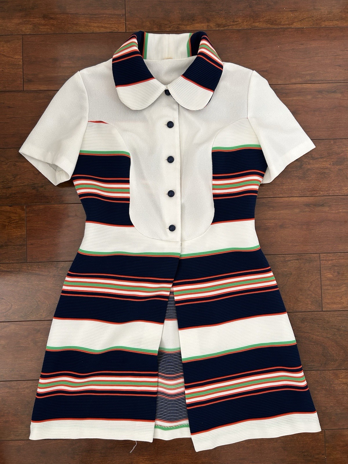 Vintage 70s Mod Stripe Dress Peter Pan Collar Fit Flare Retro A-Line Dress