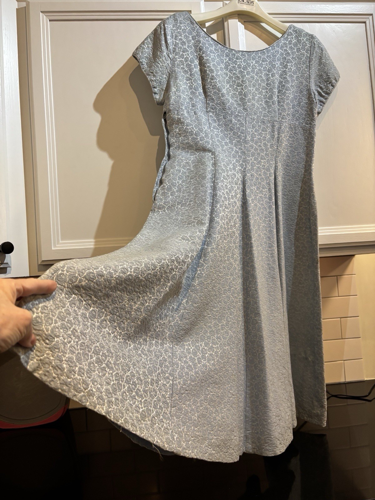 1960s Vintage Shimmering Powder Blue Floral Brocade Mid Length Dress. M/L Hand