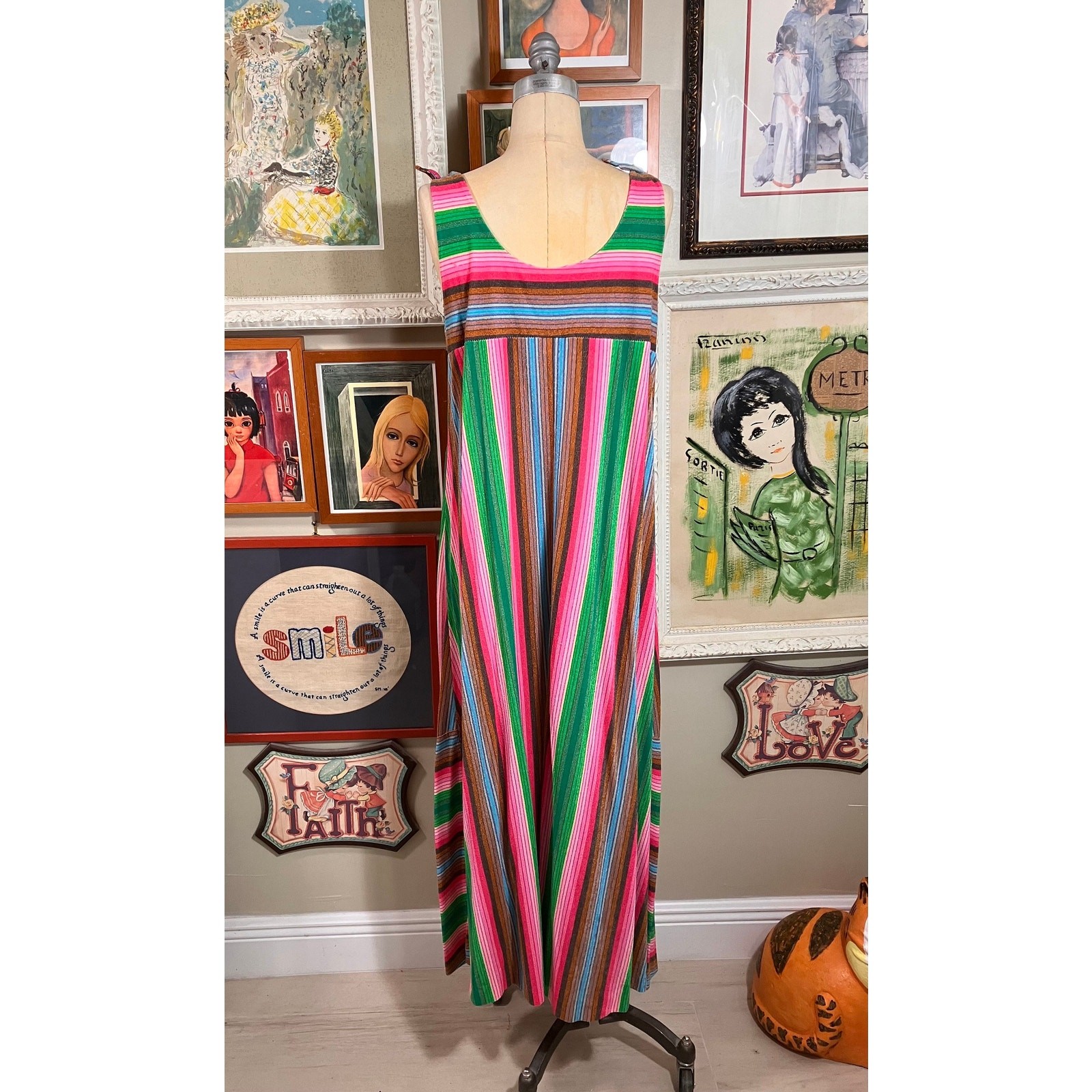 1970s Wildcrest Caftan Dress Rainbow Stripe Lounge Gown Sleeveless Shoulder Ties