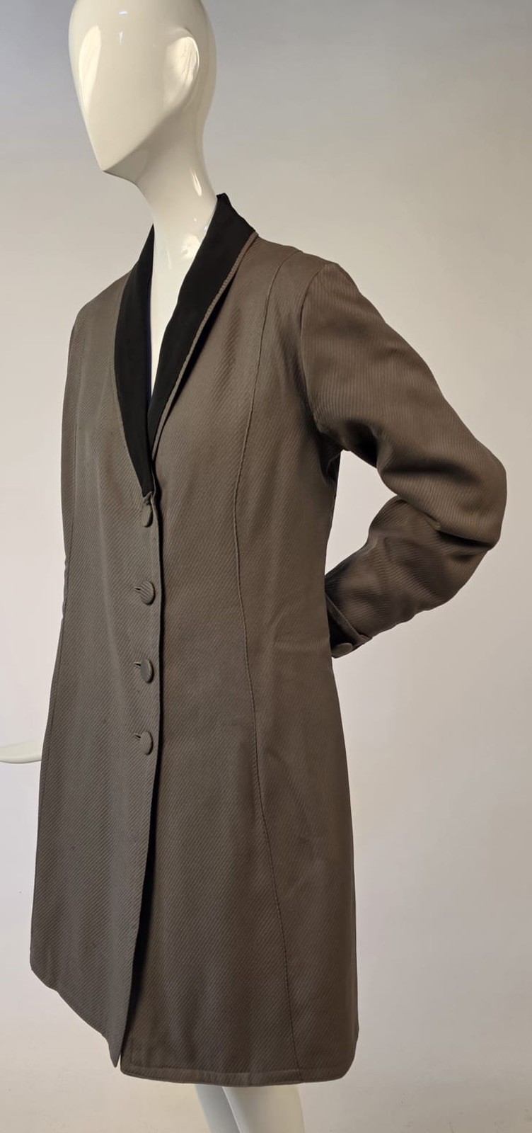 EDWARDIAN RIBBED WOOL WALKING SUIT JACKET W BLACK SILK COLLAR + CUFFS