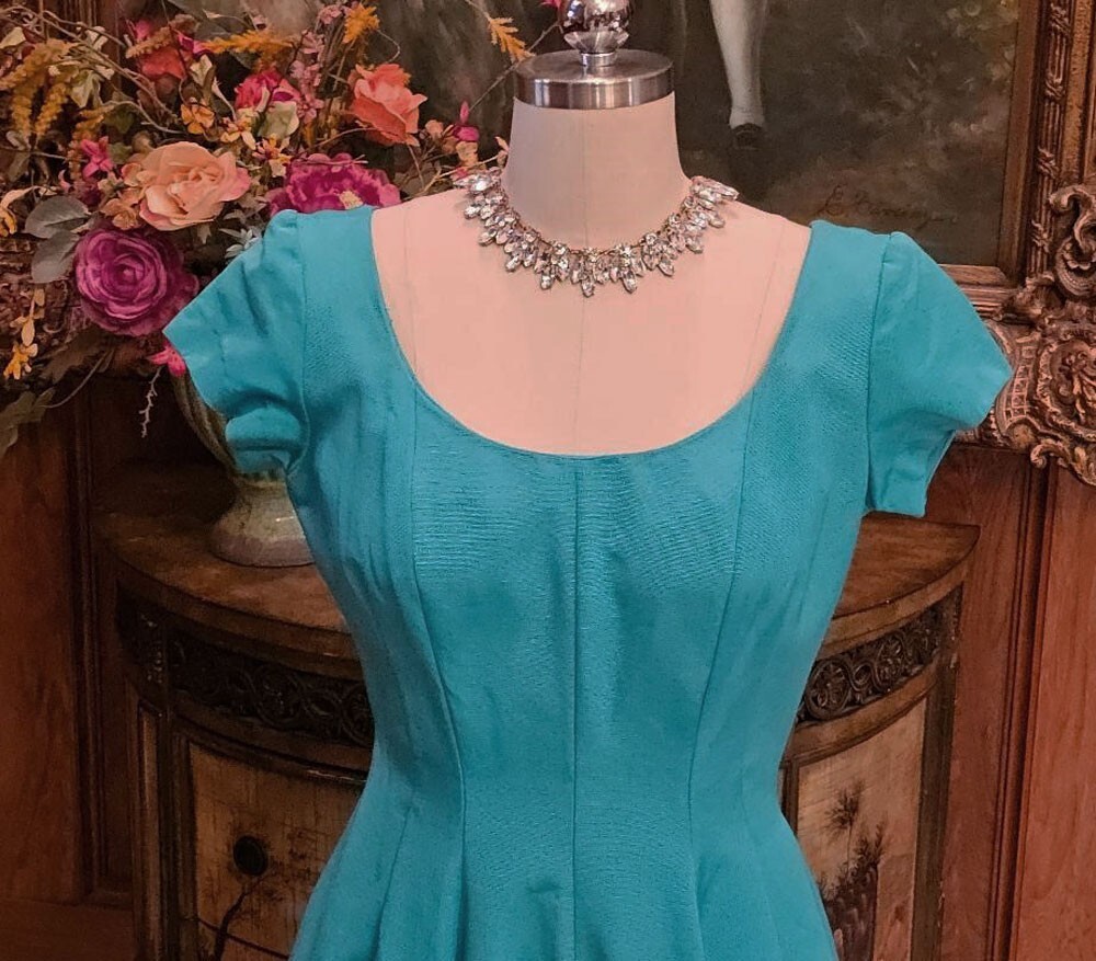 VINTAGE 1960s JERRY GILDEN SPECTATOR TURQUOISE FULL CIRCLE DRESS W METAL ZIPPER
