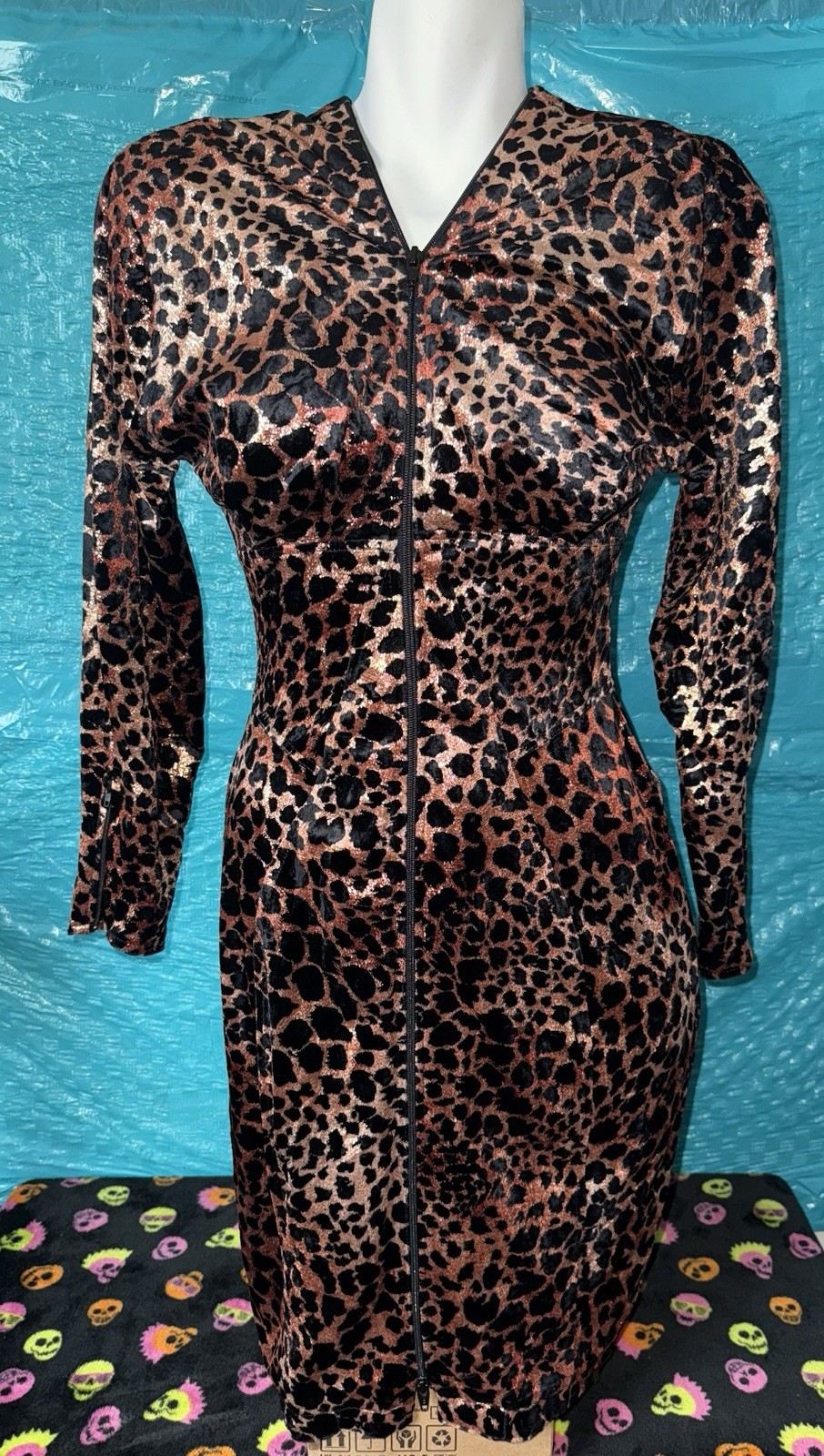 Vintage Janine Paris London New York Zip Up Metallic Leopard Dress Size M