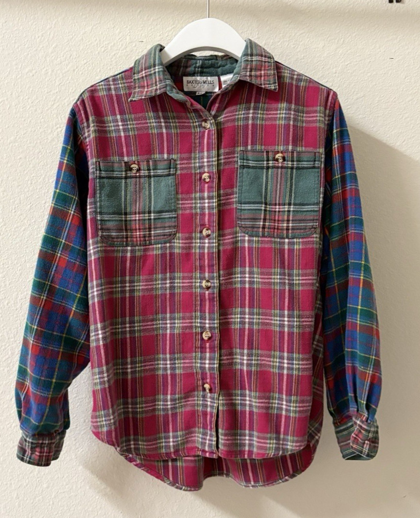 Vintage 90s Baxter & Wells Plaid Flannel Button-Up Shirt Long Cotton Women&rsquo;s S