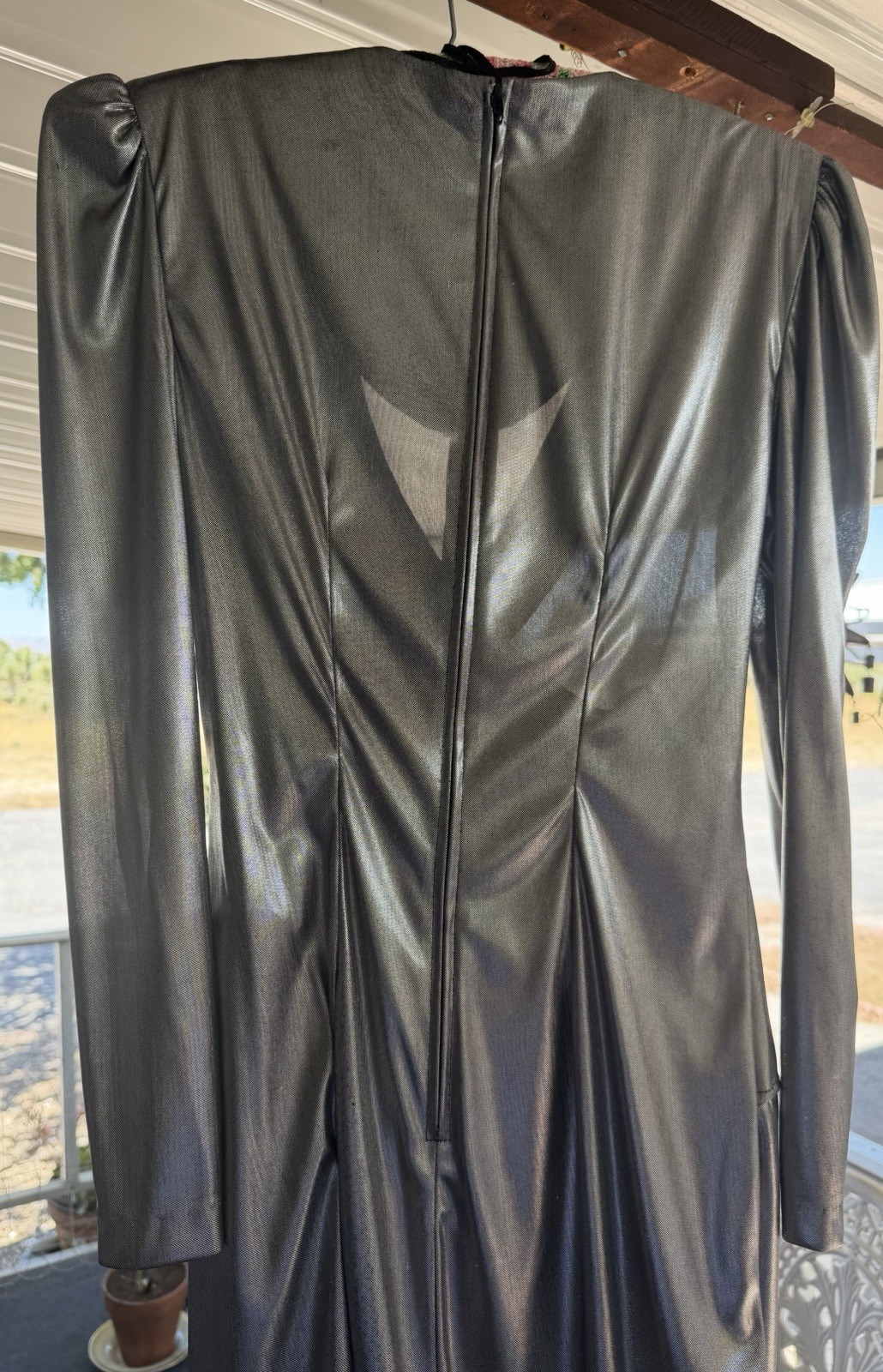 VTG 80s Montgomery Ward Metallic Silver Liquid Dress Puff Shoulder 5/6 NOS