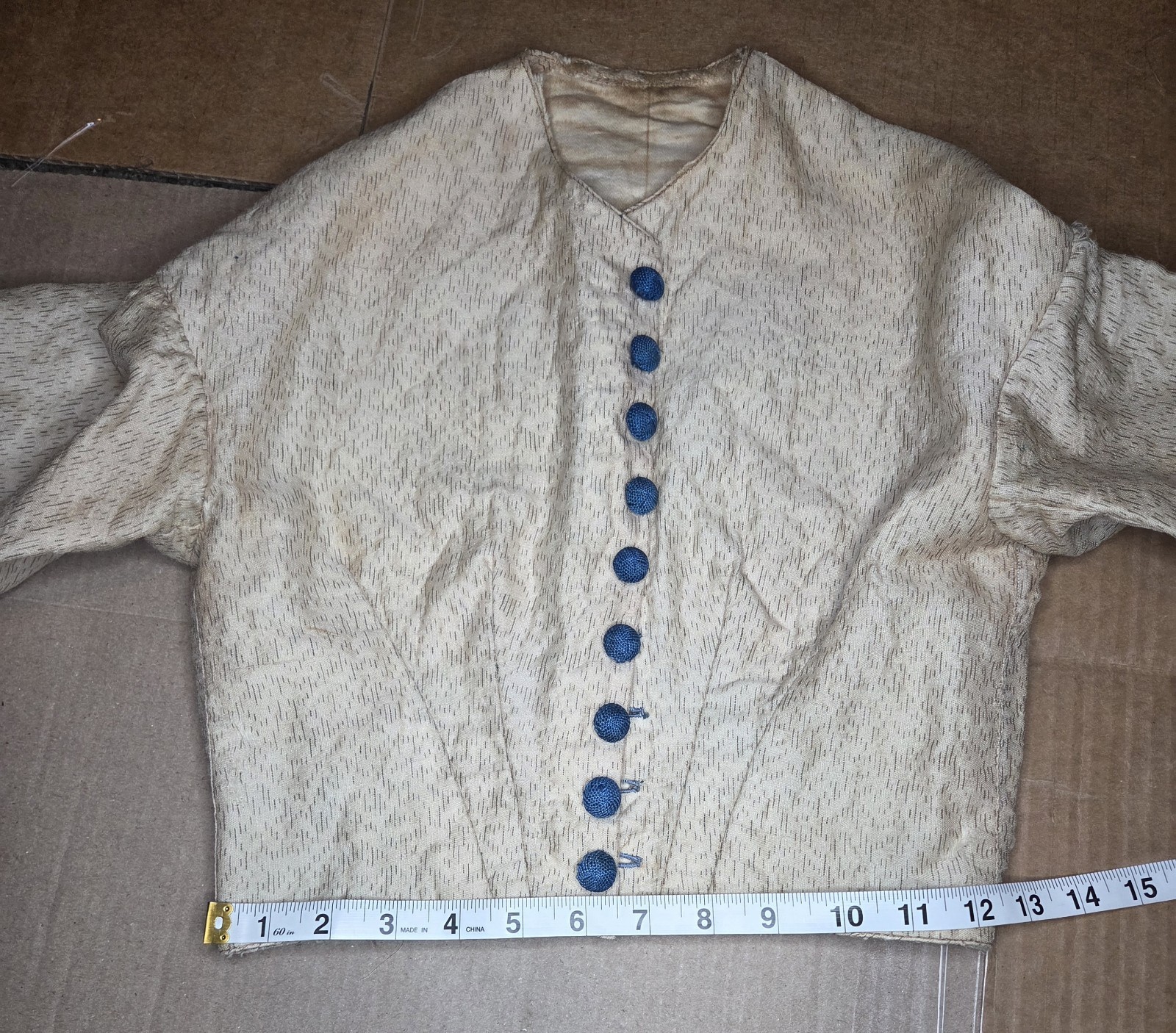 1850s Victorian 4pc Beige/Teal Cotton Blend Visiting Dress w/ Peplum & Lace Belt