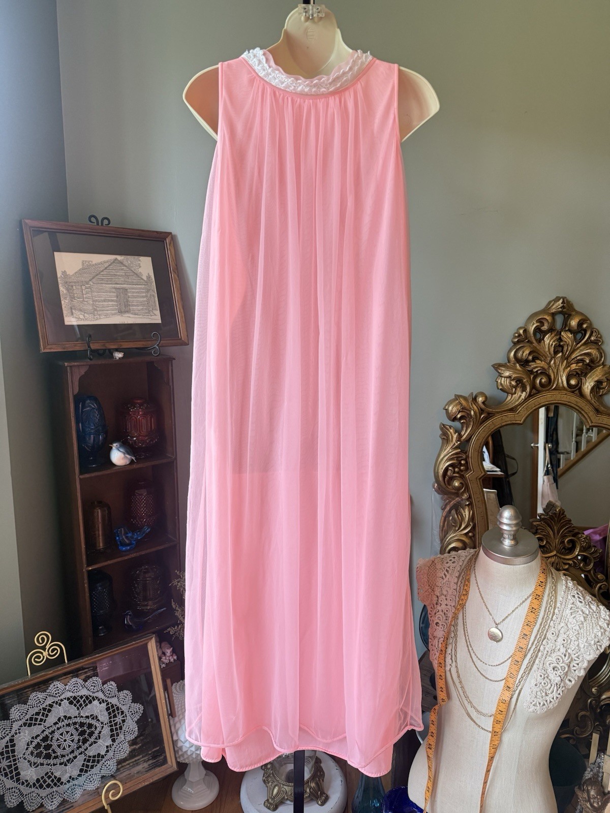 1960s PEACH CHIFFON OVER NYLON DUAL LAYER NEGLIGEE ROUND COLLAR LINGERIE *READ