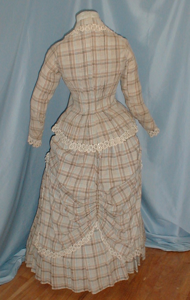 Charming Antique 3 Piece Bustle Dress Victorian 1870 Beige Plaid Cotton