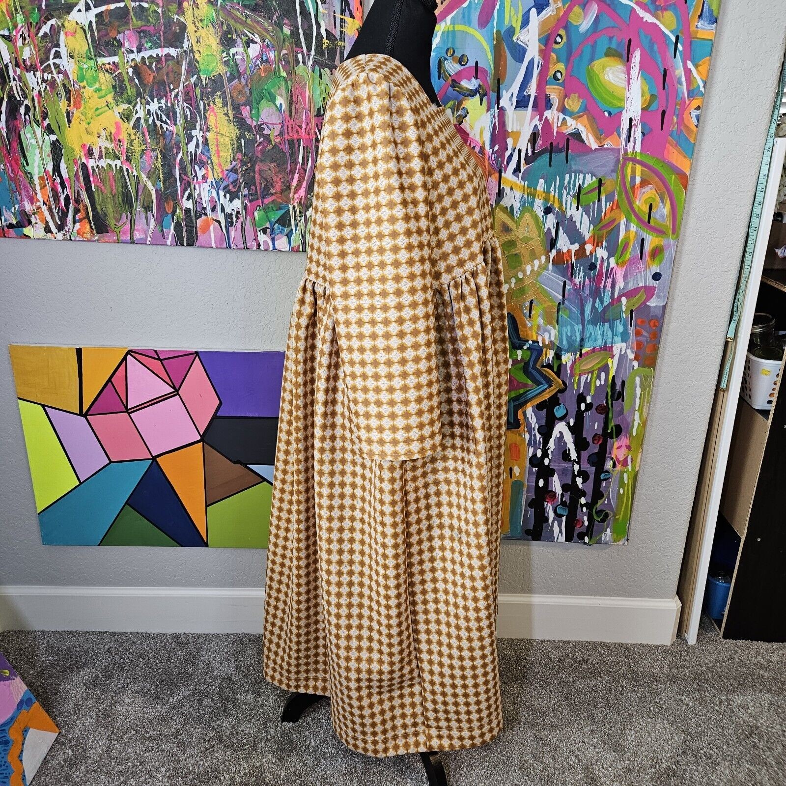 Handmade 70s Dress Polyester Yellow Brown Size L EUC