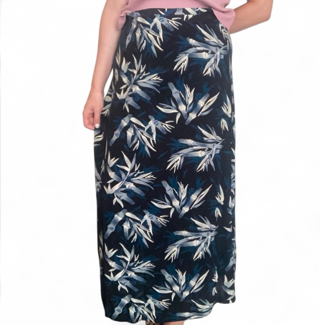 Vintage Sharon Anthony Blue Bamboo Print Maxi Skirt Womens 12 Boho Coastal