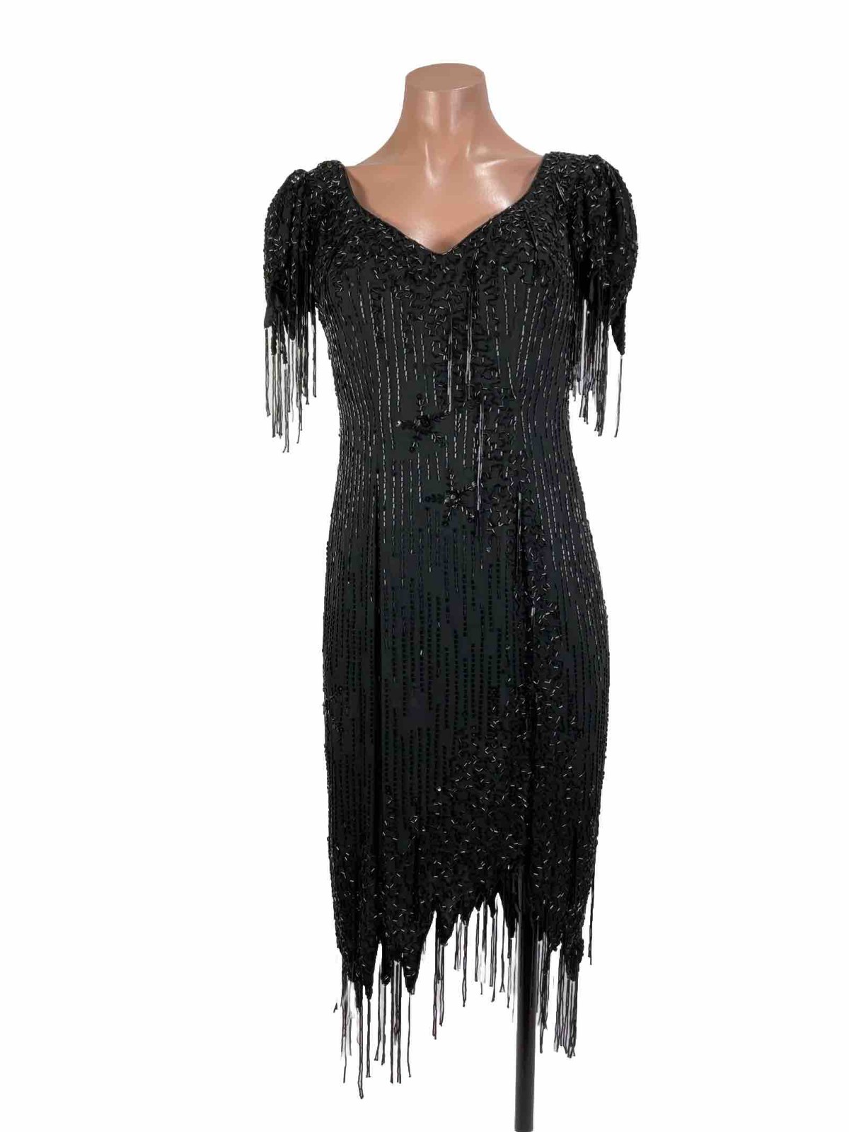 Vintage Gatsby Dress HEAVY Beaded Black Fringe Old Hollywood Glam NYE Statement
