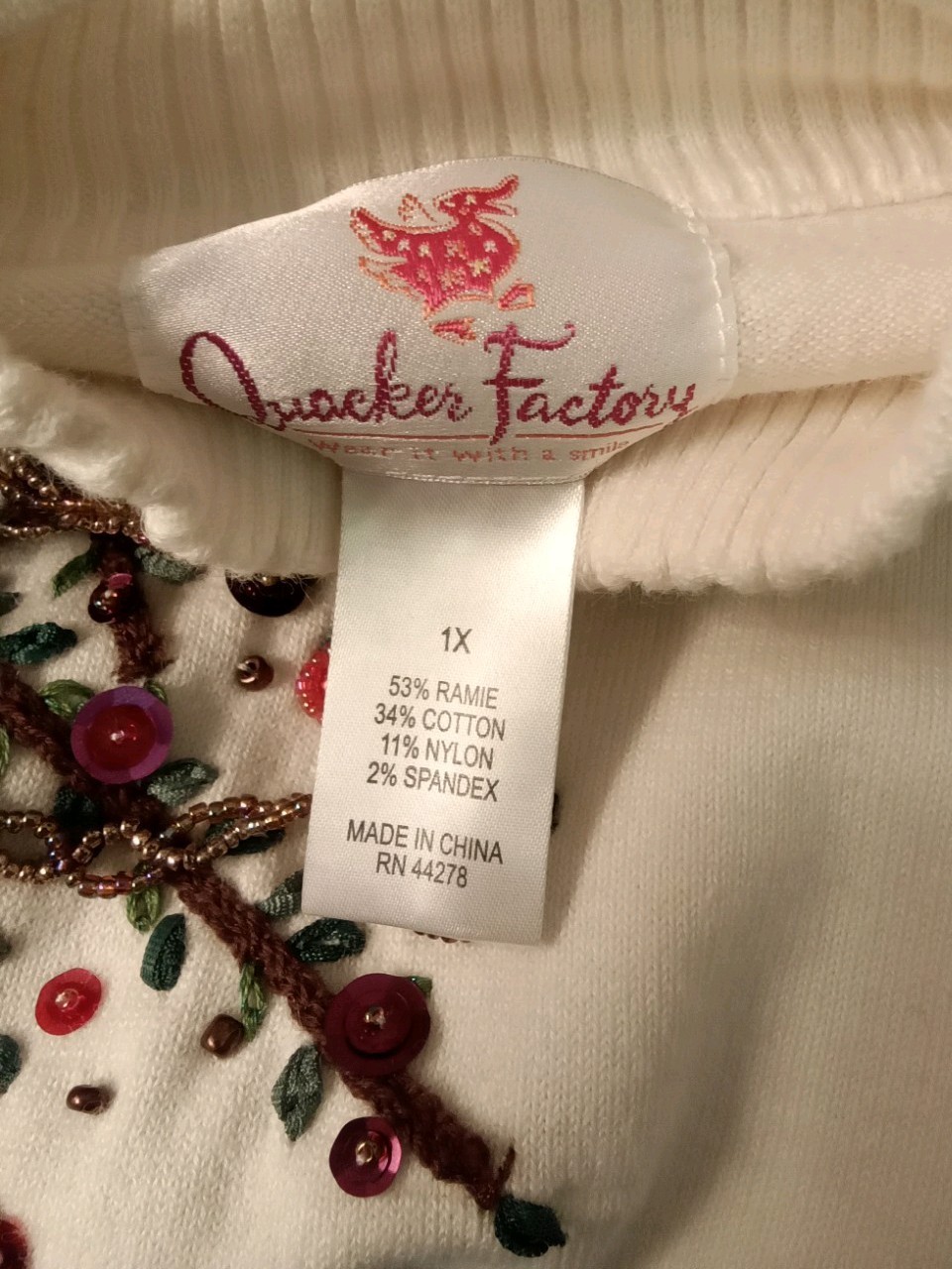 Vtg. Quacker Factory Christmas Sweater. White-Embroidered Christmas Tree Sz. 1X.