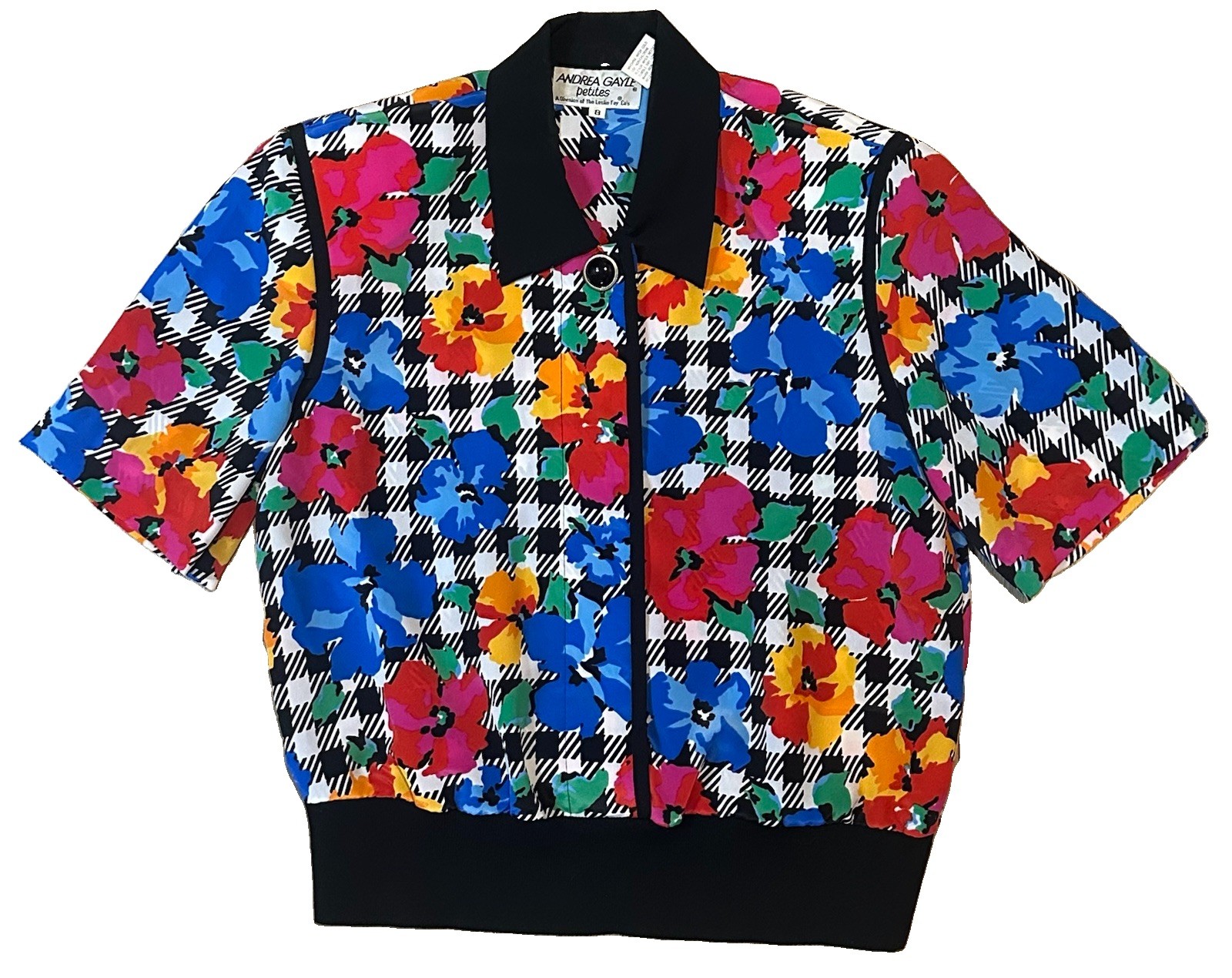 1980s Andrea Gayle Houndstooth Floral Cropped Vintage Blouse Button Top Size 8