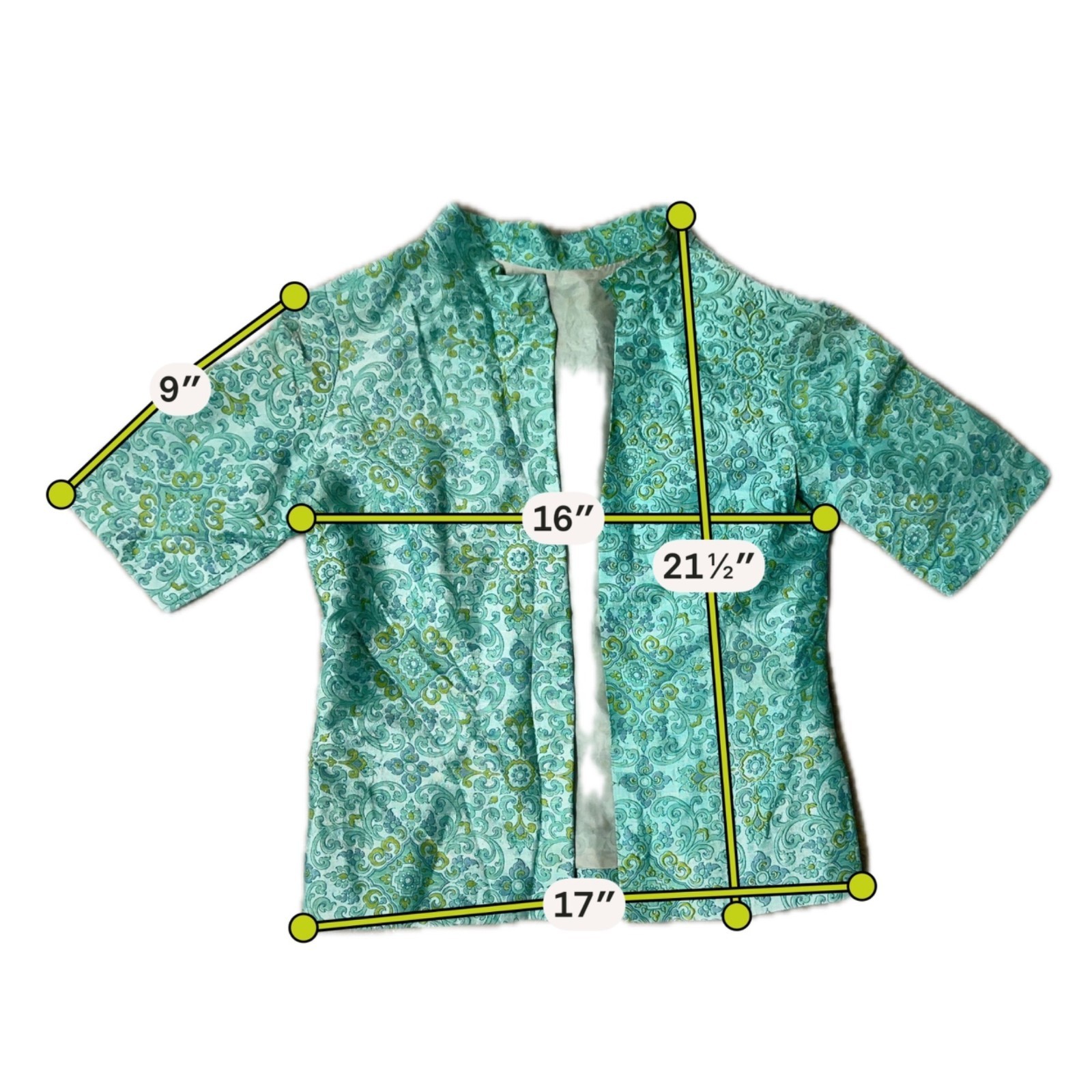 Vintage Open Front Jacket Short Sleeves Teal Green Paisley Handmade 50s Floral